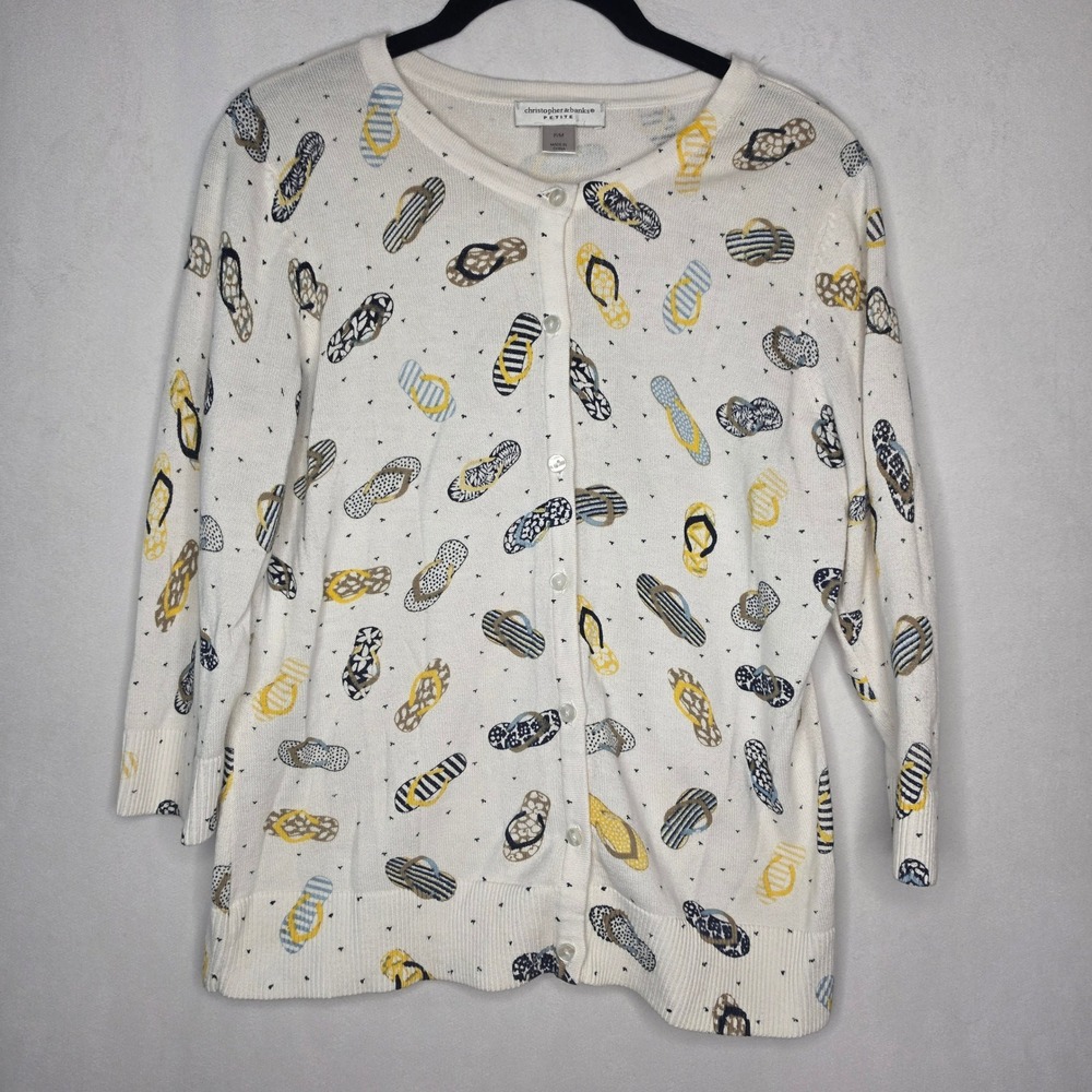 Christopher & Banks 100% Cotton Cardigan PM White Flip Flop Print Cotton Knit